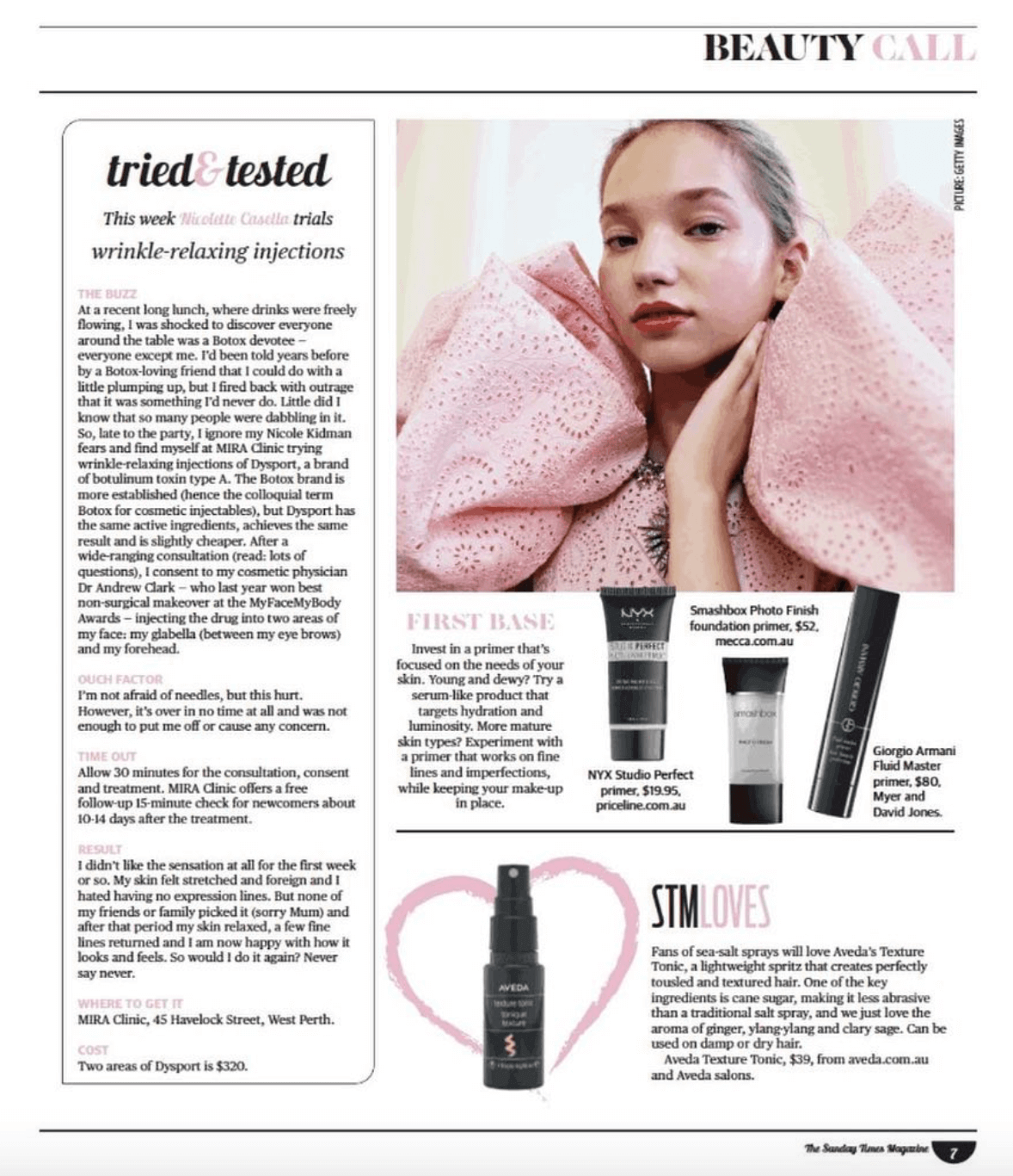 Newspaper article about wrinkle relaxers at mira clinic